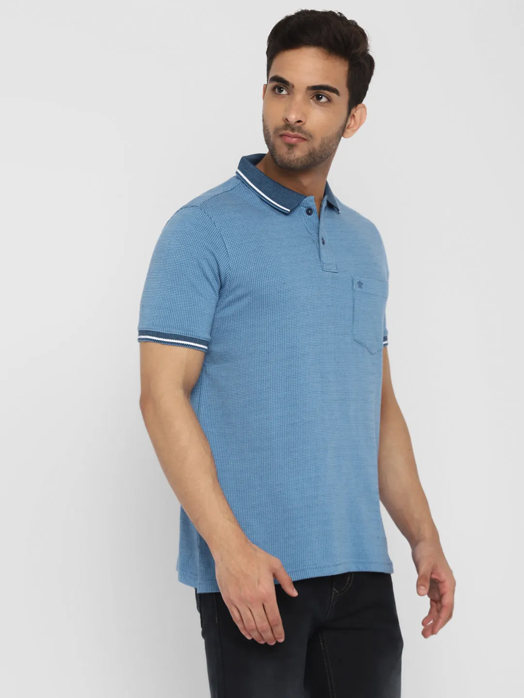 Turtle Men Blue Self Design Polo Neck T-Shirts