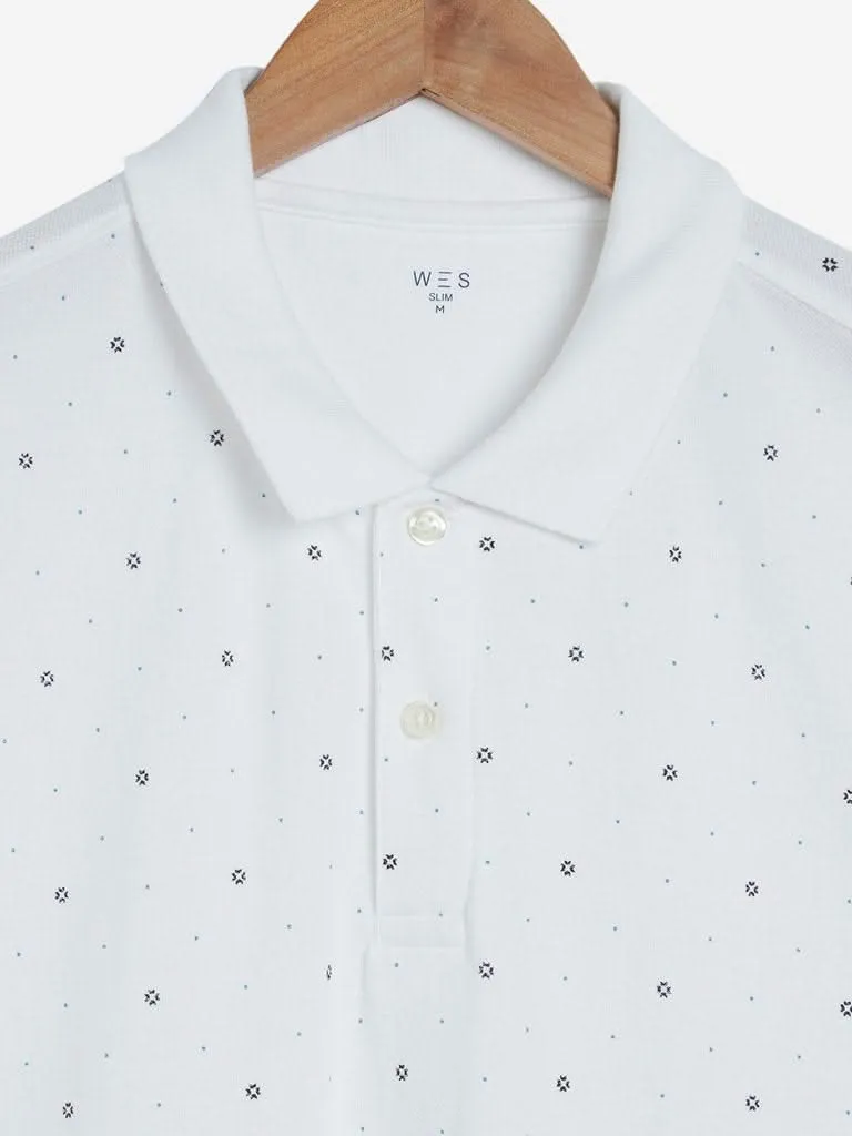 WES Casuals White Printed Slim Fit Polo T-Shirt