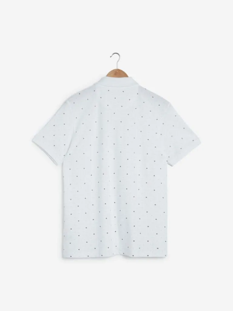 WES Casuals White Printed Slim Fit Polo T-Shirt