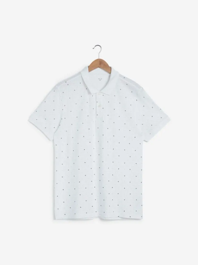 WES Casuals White Printed Slim Fit Polo T-Shirt