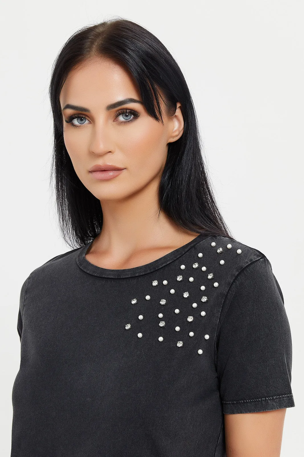 Women Black Shoulder Embellished T-Shirt