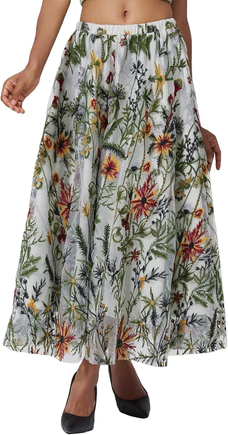 Women Floral Embroidery Tulle Maxi Skirt Double-Layered A Line Swing Vintage 1950s Cocktail Skirts
