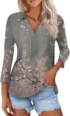 Women's 3/4 Sleeve Tops Polo Shirts V Neck Collared Tshirt Cute Printed Tee Blouse Casual Three Quarter Sleeve Tops