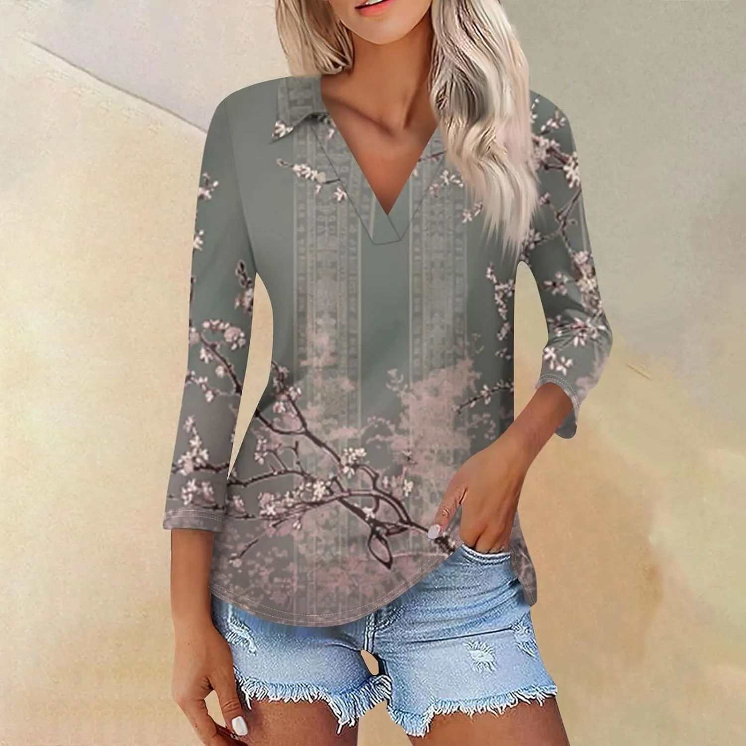 Women's 3/4 Sleeve Tops Polo Shirts V Neck Collared Tshirt Cute Printed Tee Blouse Casual Three Quarter Sleeve Tops