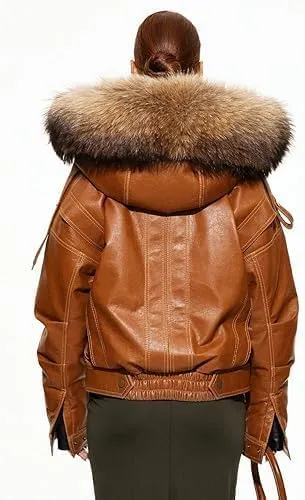 Womens 90'S Genuine Leather Vintage Vibes & Modern Oversized Bomber Classic Style Hoodie Jacket