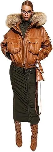 Womens 90'S Genuine Leather Vintage Vibes & Modern Oversized Bomber Classic Style Hoodie Jacket
