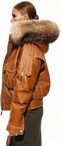 Womens 90'S Genuine Leather Vintage Vibes & Modern Oversized Bomber Classic Style Hoodie Jacket