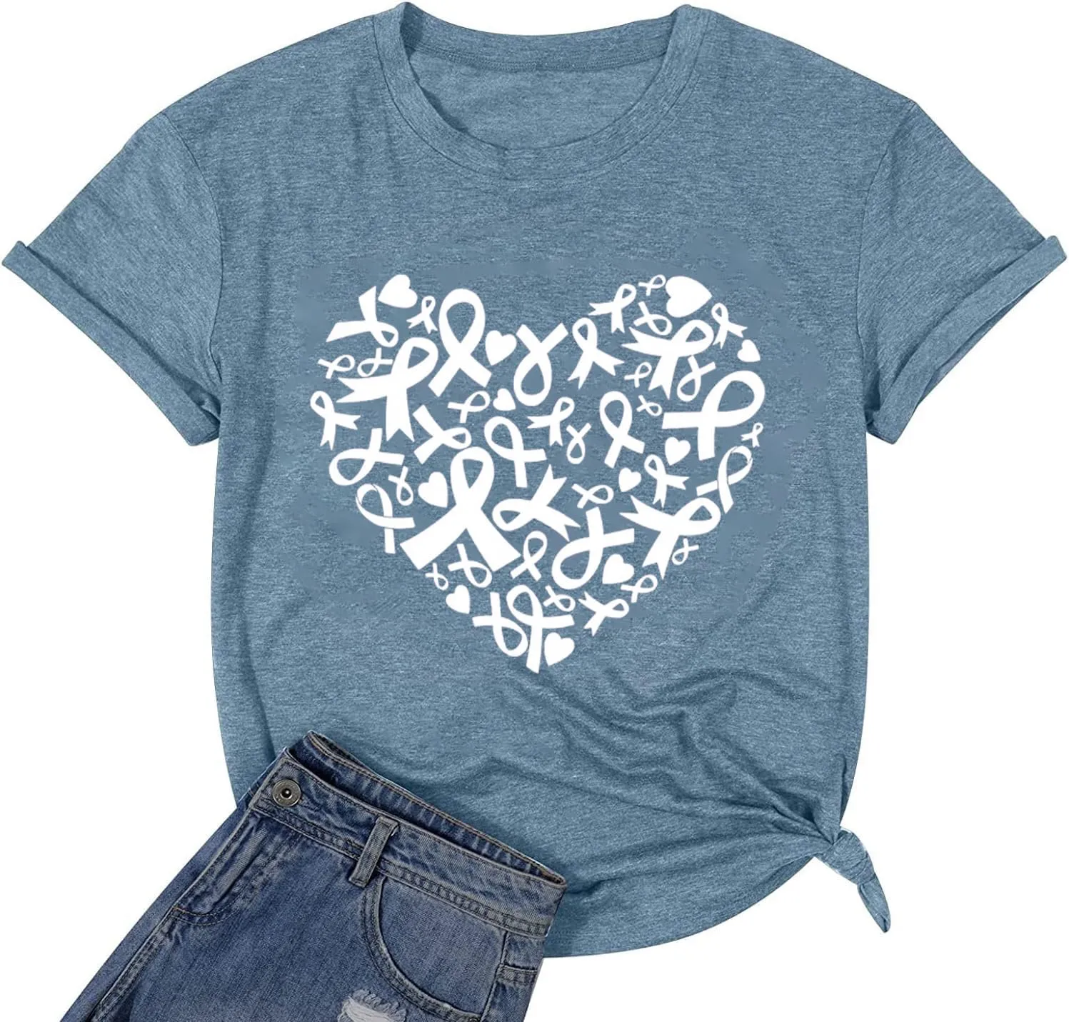 Womens Breast Cancer Awareness T Shirts Cute Love Heart Ribbon Graphic Print Tee Inspirational Short Sleeve Tops