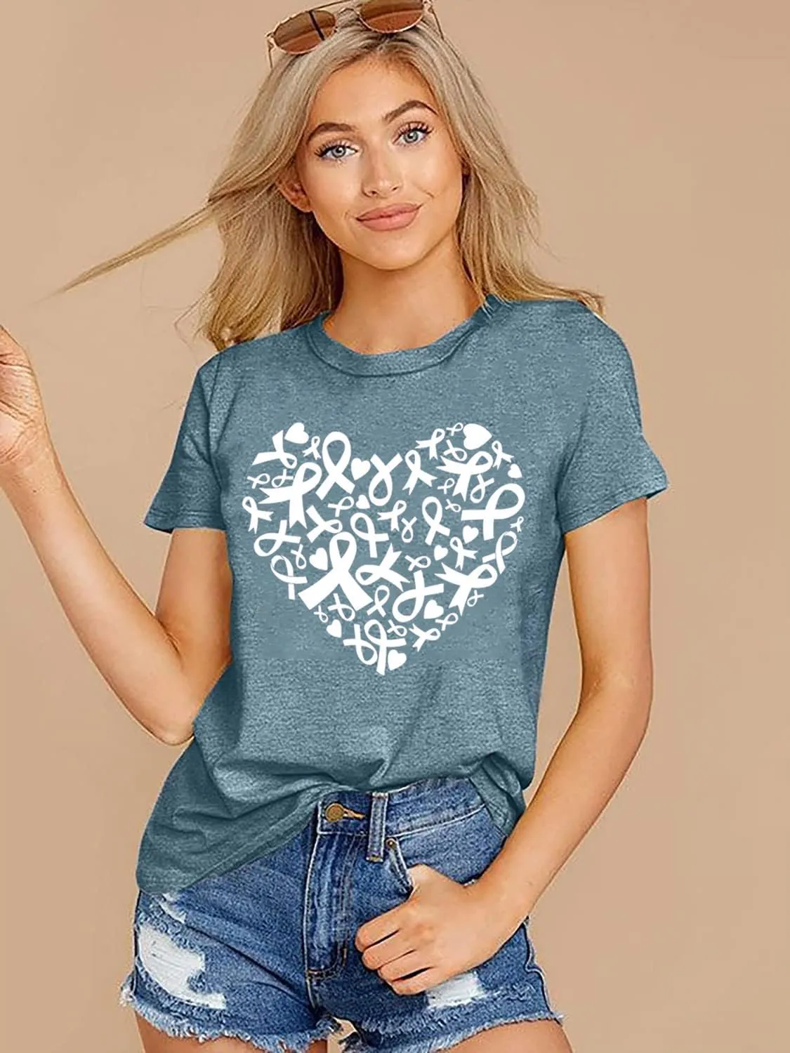 Womens Breast Cancer Awareness T Shirts Cute Love Heart Ribbon Graphic Print Tee Inspirational Short Sleeve Tops