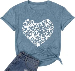 Womens Breast Cancer Awareness T Shirts Cute Love Heart Ribbon Graphic Print Tee Inspirational Short Sleeve Tops