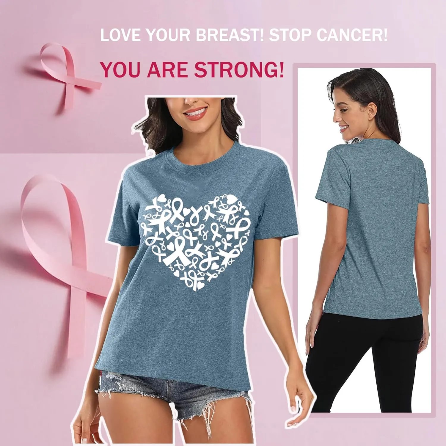Womens Breast Cancer Awareness T Shirts Cute Love Heart Ribbon Graphic Print Tee Inspirational Short Sleeve Tops