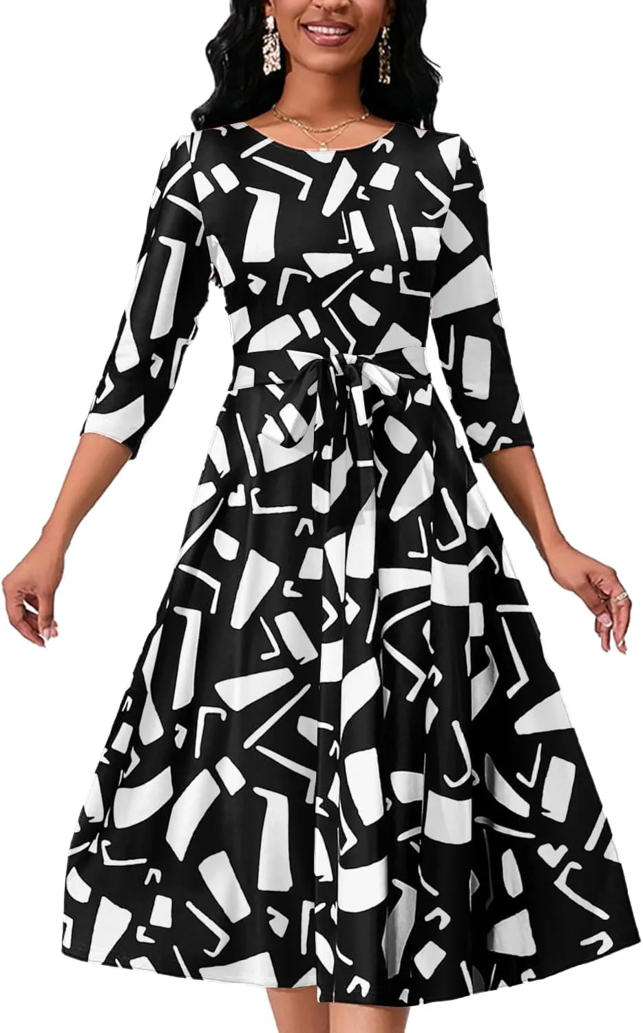Women's Caual Midi Dress 3/4 Sleeve Crewneck A-line Swing Dress for Women with Belt for Wedding Guest & Cocktail Party