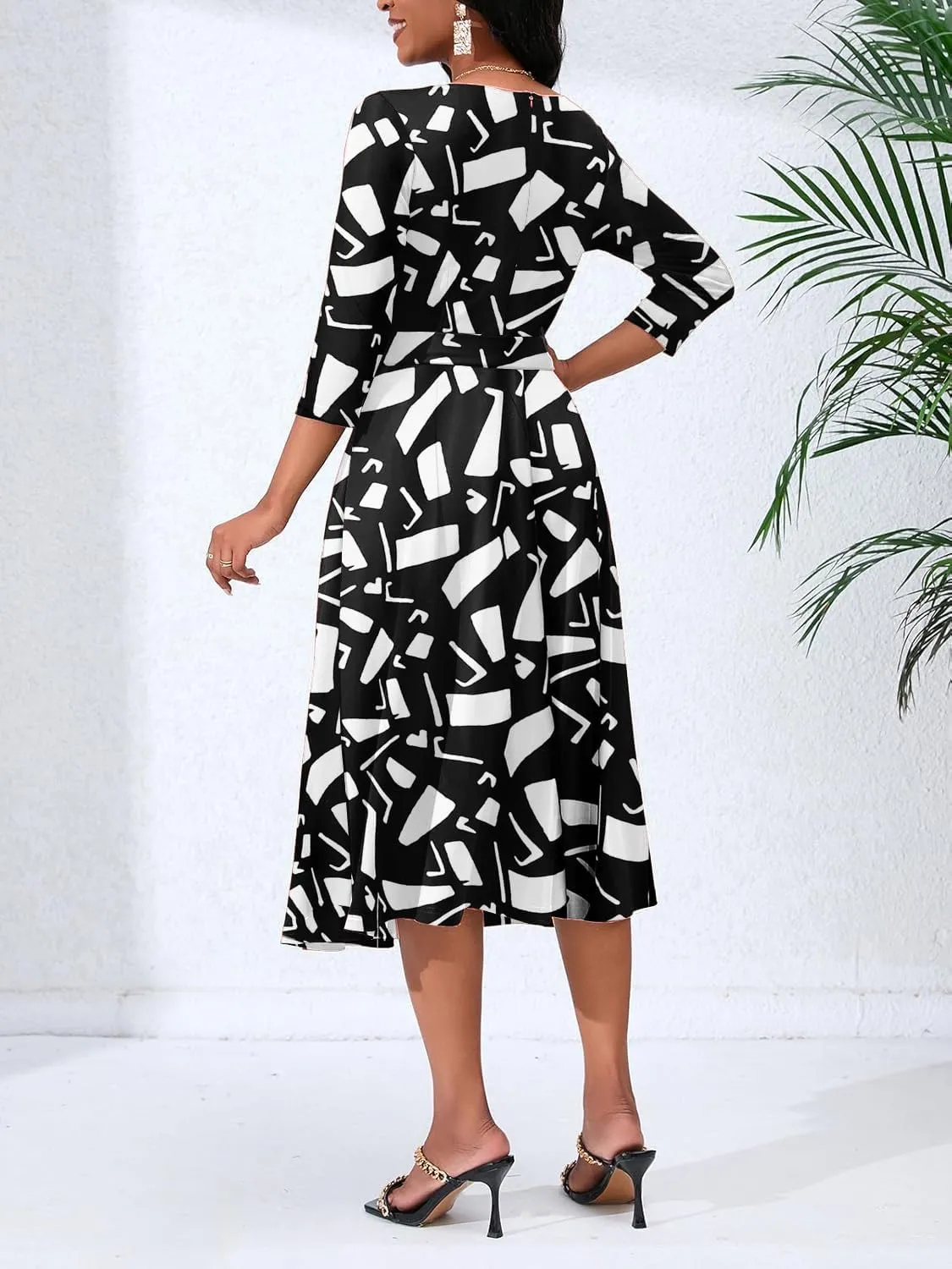 Women's Caual Midi Dress 3/4 Sleeve Crewneck A-line Swing Dress for Women with Belt for Wedding Guest & Cocktail Party