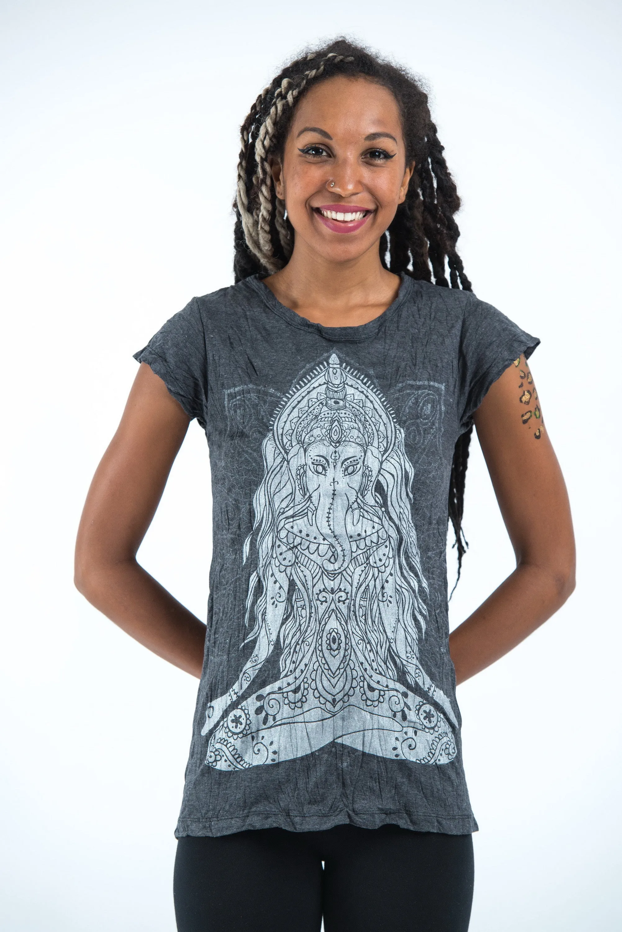 Womens Ganesh Mantra T-Shirt in Silver on Black
