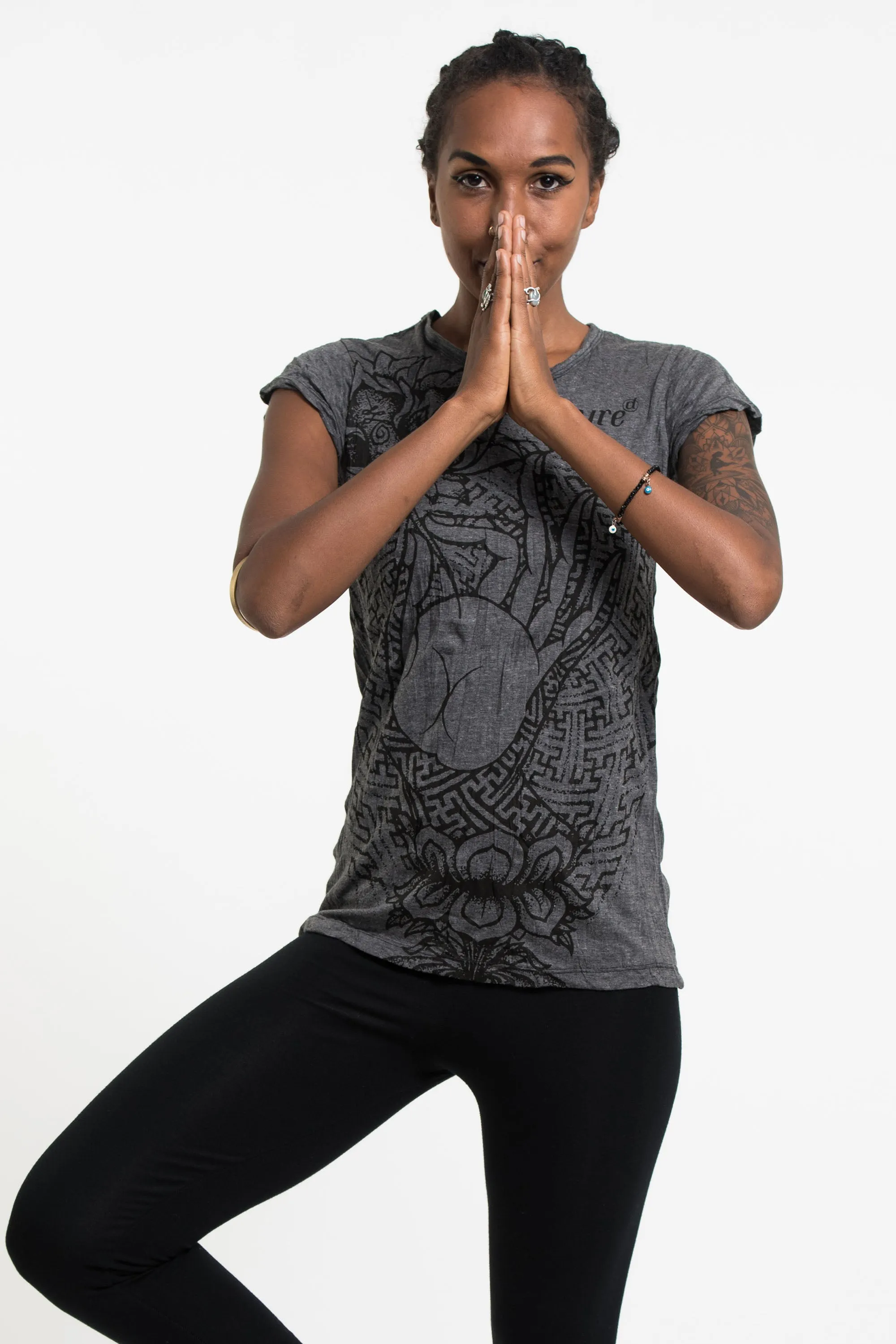 Womens Gyan Mudra Hand T-Shirt in Black