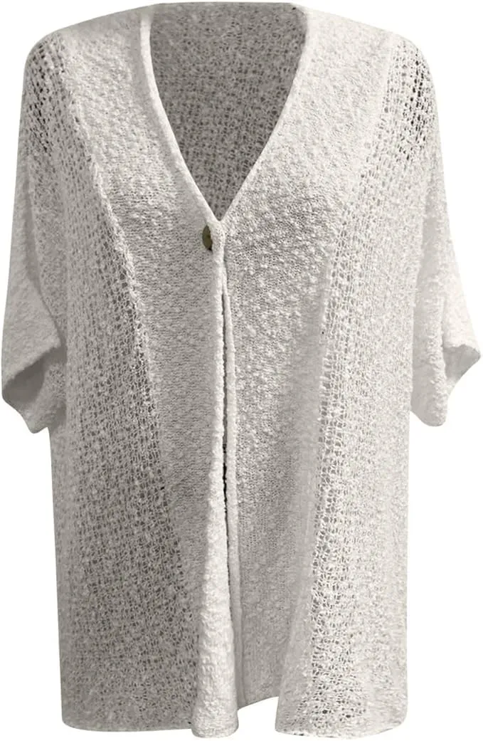 Women's Hollow Crochet Knit Cardigan Top Summer Lightweight Button Shrug Sweater Tops Vneck Short Sleeve Shirts