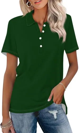 Women's Polo Shirts Short Sleeve Button Down Collared V Neck Work Tops Business Dressy Casual Golf Blouse T-Shirts