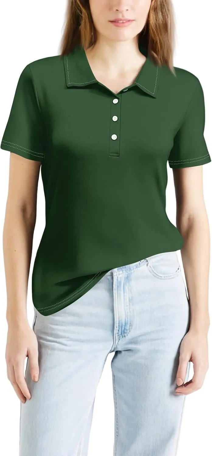 Women's Polo Shirts Short Sleeve Button Down Collared V Neck Work Tops Business Dressy Casual Golf Blouse T-Shirts