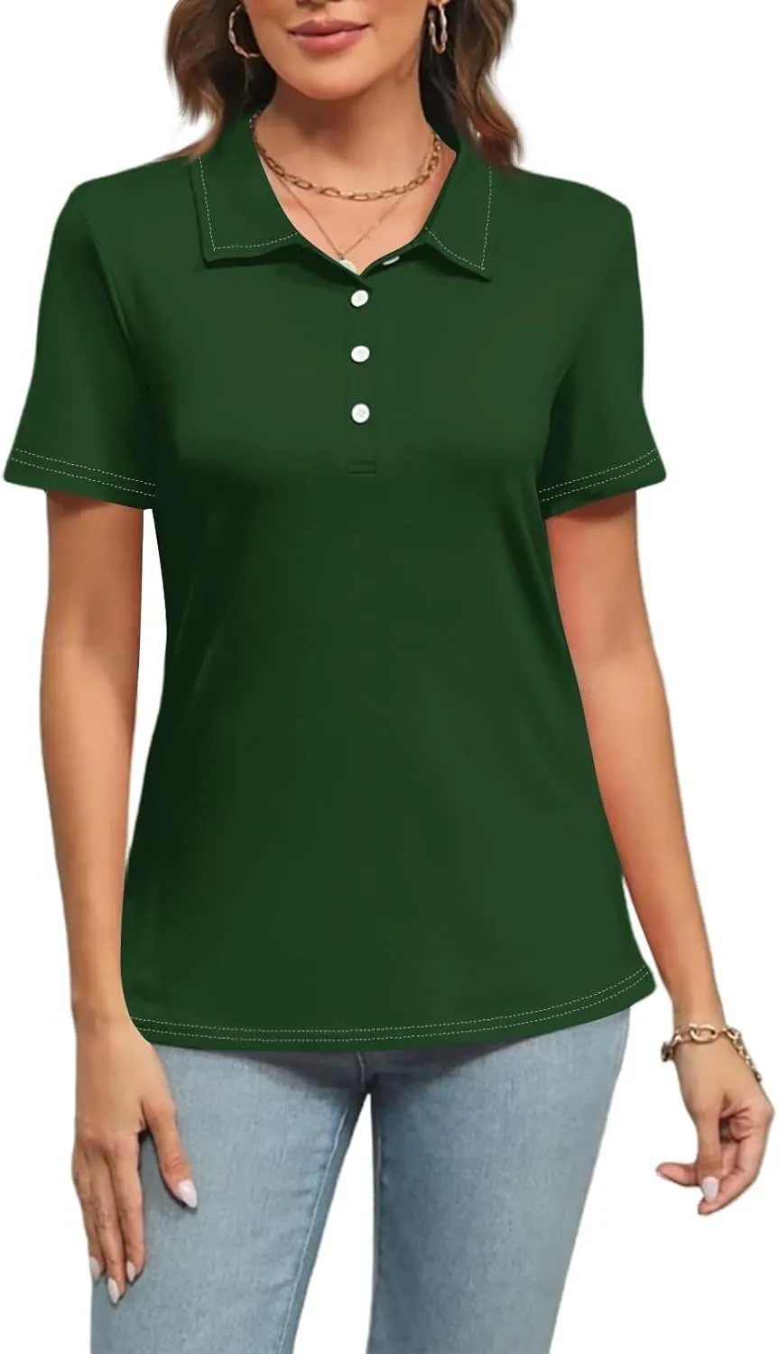 Women's Polo Shirts Short Sleeve Button Down Collared V Neck Work Tops Business Dressy Casual Golf Blouse T-Shirts