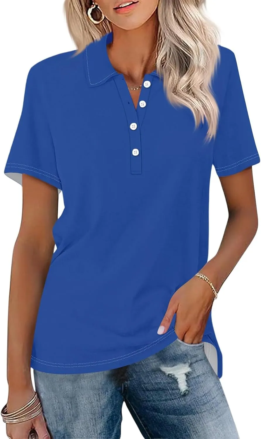 Women's Polo Shirts Short Sleeve Button Down Collared V Neck Work Tops Business Dressy Casual Golf Blouse T-Shirts