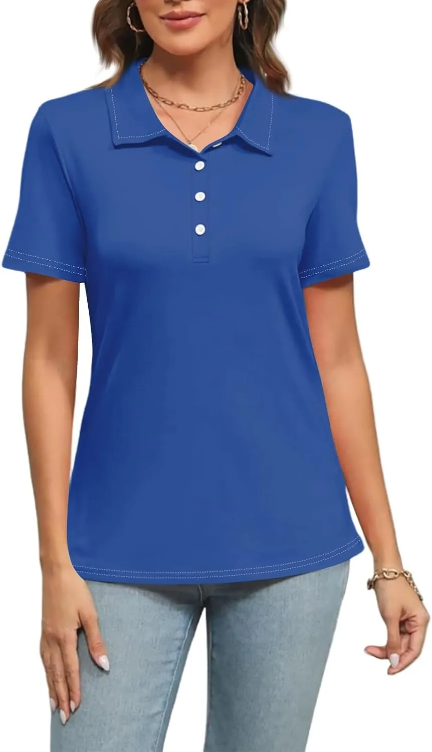 Women's Polo Shirts Short Sleeve Button Down Collared V Neck Work Tops Business Dressy Casual Golf Blouse T-Shirts