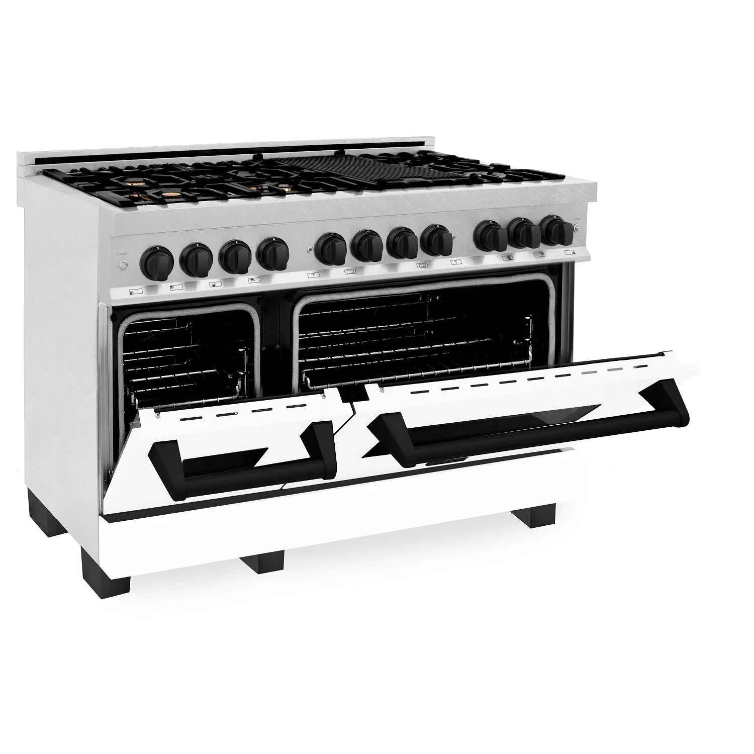 ZLINE Autograph Edition 48" 6.0 cu. ft. Dual Fuel Range in DuraSnow® Stainless Steel with White Matte Door and Matte Black Accents (RASZ-WM-48-MB)
