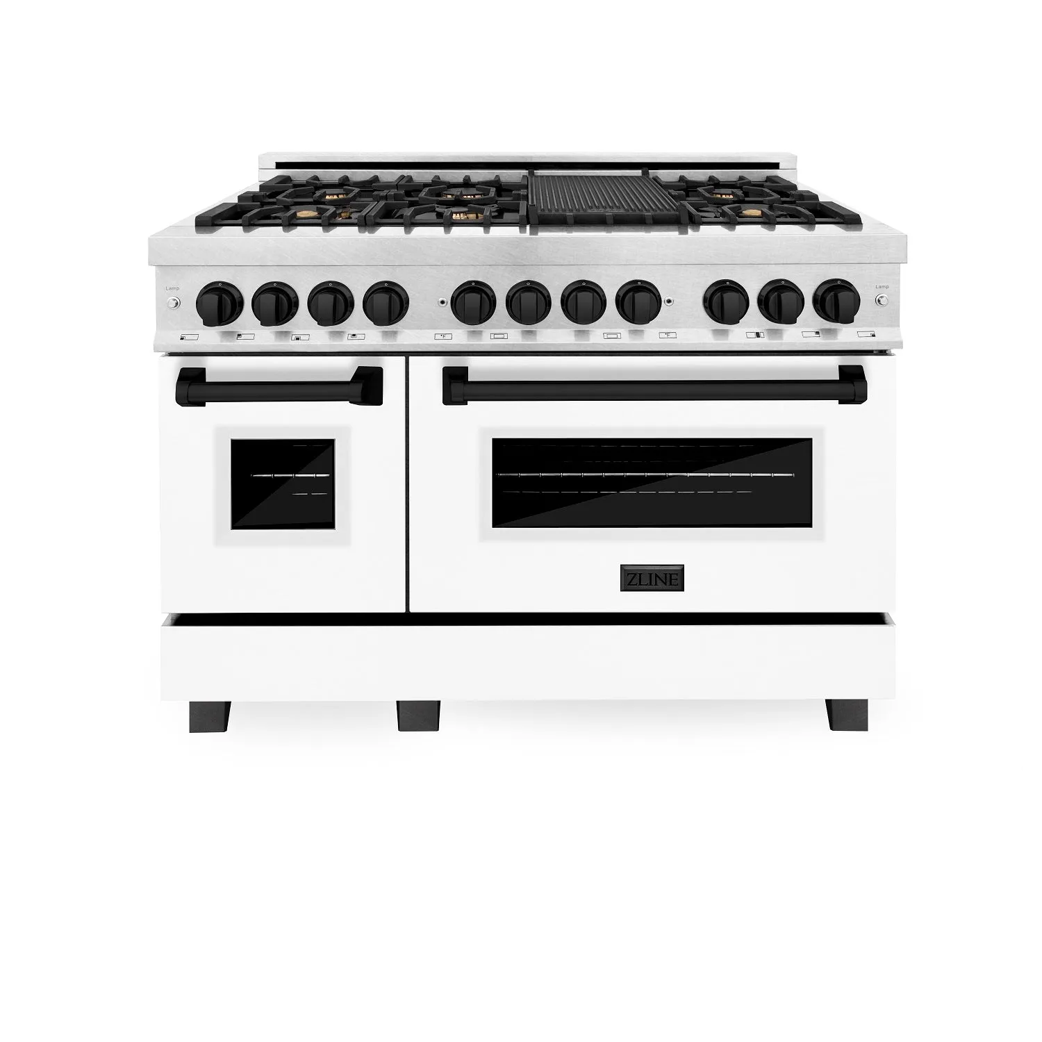 ZLINE Autograph Edition 48" 6.0 cu. ft. Dual Fuel Range in DuraSnow® Stainless Steel with White Matte Door and Matte Black Accents (RASZ-WM-48-MB)