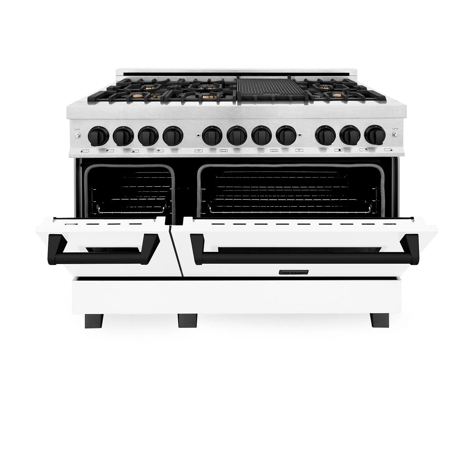 ZLINE Autograph Edition 48" 6.0 cu. ft. Dual Fuel Range in DuraSnow® Stainless Steel with White Matte Door and Matte Black Accents (RASZ-WM-48-MB)