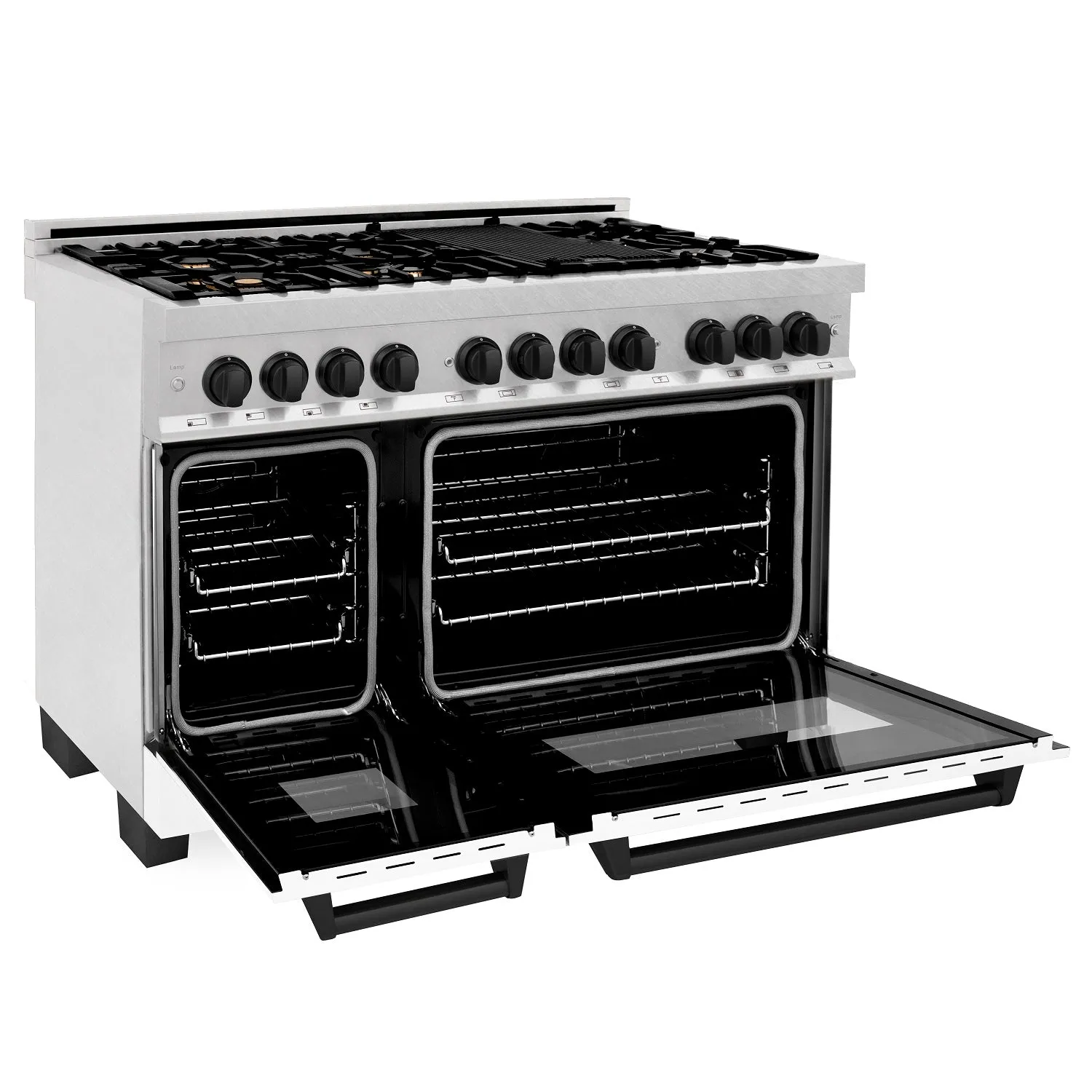 ZLINE Autograph Edition 48" 6.0 cu. ft. Dual Fuel Range in DuraSnow® Stainless Steel with White Matte Door and Matte Black Accents (RASZ-WM-48-MB)