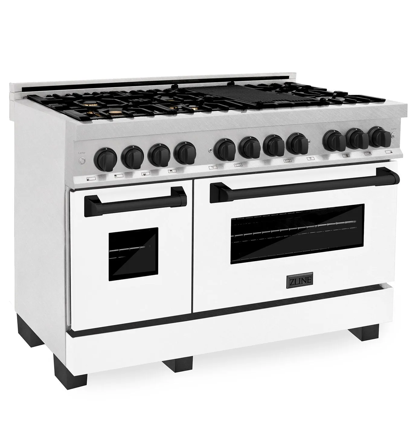 ZLINE Autograph Edition 48" 6.0 cu. ft. Dual Fuel Range in DuraSnow® Stainless Steel with White Matte Door and Matte Black Accents (RASZ-WM-48-MB)