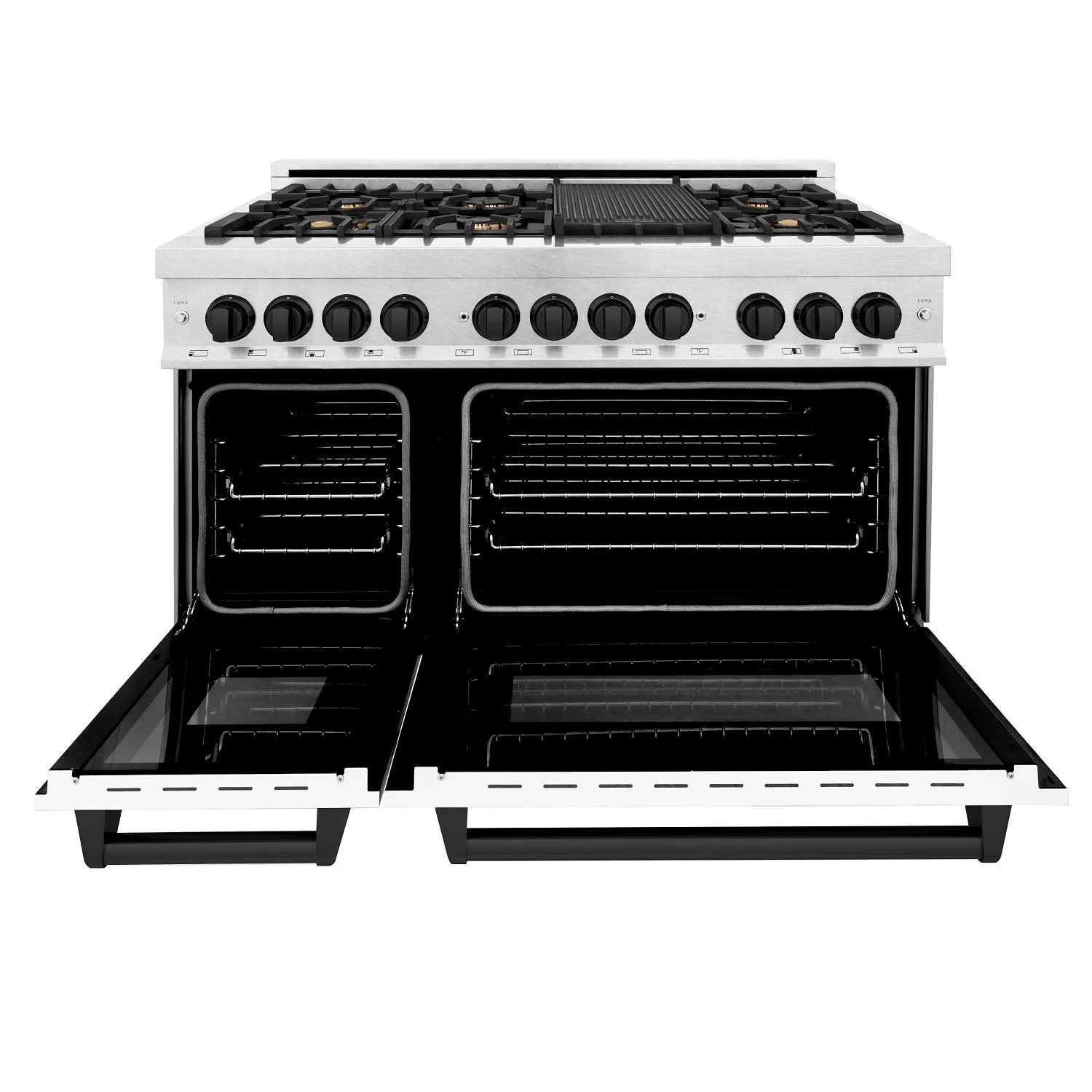ZLINE Autograph Edition 48" 6.0 cu. ft. Dual Fuel Range in DuraSnow® Stainless Steel with White Matte Door and Matte Black Accents (RASZ-WM-48-MB)