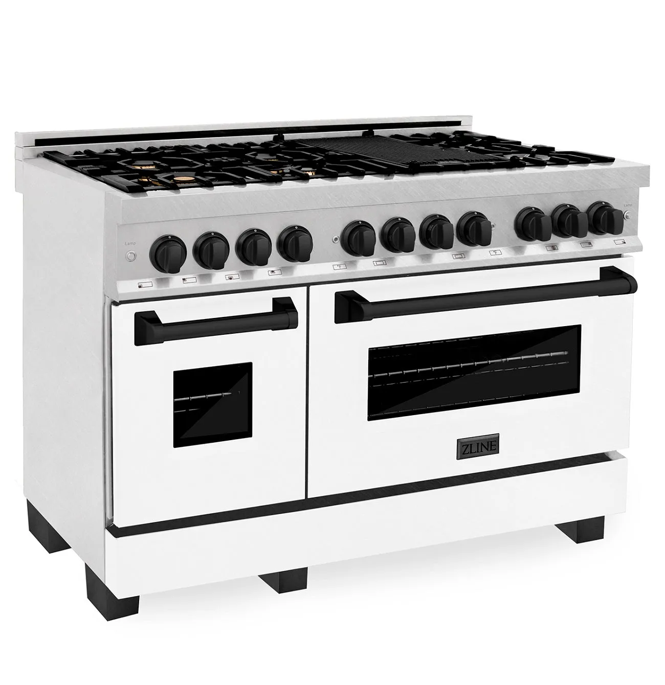 ZLINE Autograph Edition 48" 6.0 cu. ft. Dual Fuel Range in DuraSnow® Stainless Steel with White Matte Door and Matte Black Accents (RASZ-WM-48-MB)