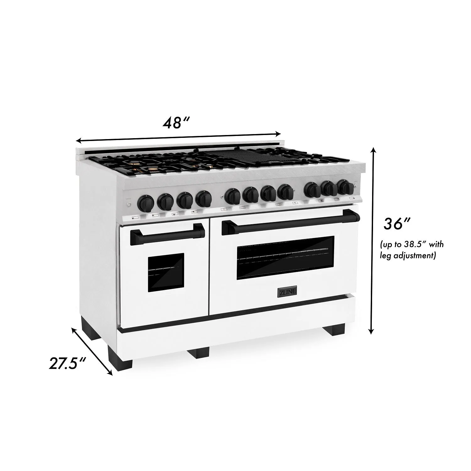 ZLINE Autograph Edition 48" 6.0 cu. ft. Dual Fuel Range in DuraSnow® Stainless Steel with White Matte Door and Matte Black Accents (RASZ-WM-48-MB)